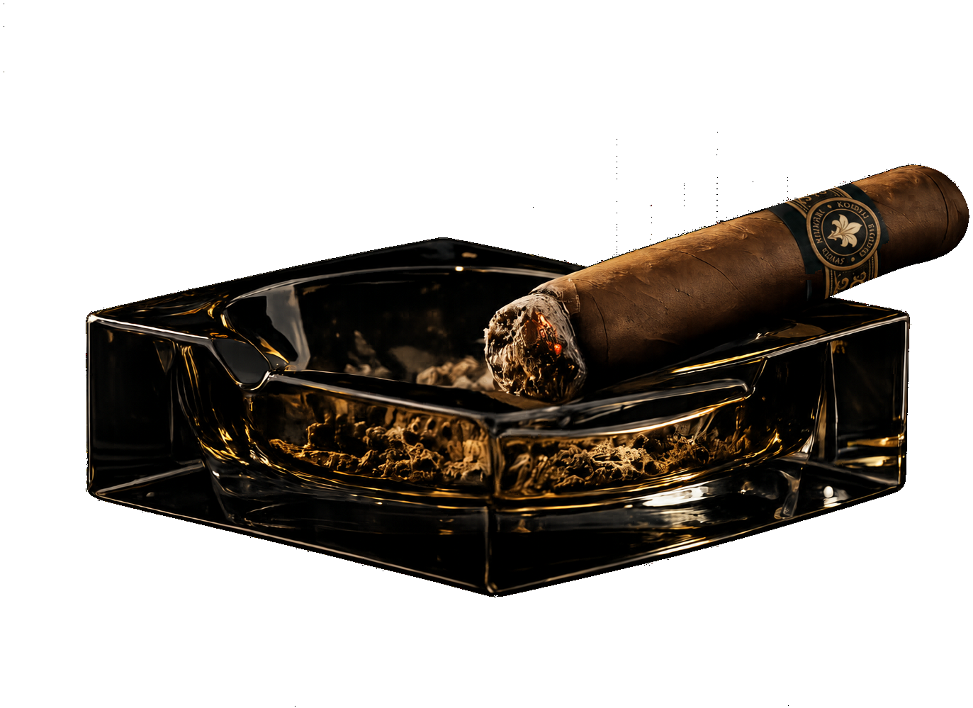 A lit cigar resting in a dark glass ashtray
